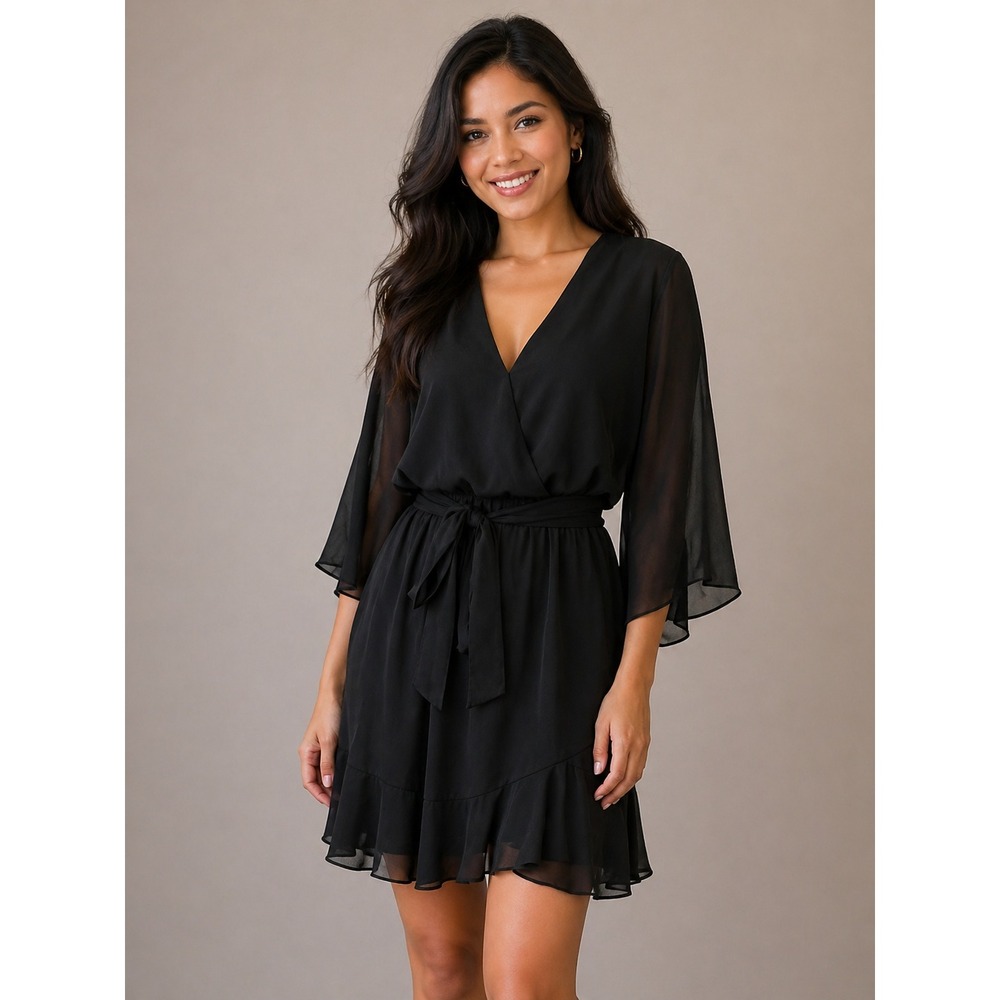 ANDREE BY UNIT- Black Satin Robe with Wrap‎ Style Size M